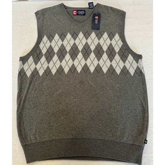 Chaps Other - Chaps Sweater Vest Mens M Grey Argyle V-neck Sleeveless Golf 100% Cotton